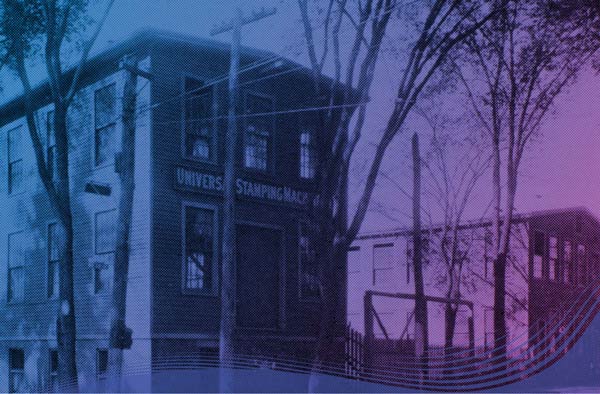 Image of original building of Universal Stamping Machine Company, colorized